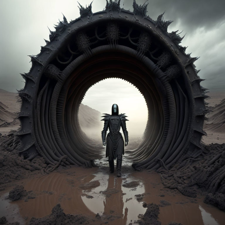 Dark-armored figure by spiked circular portal in desert landscape