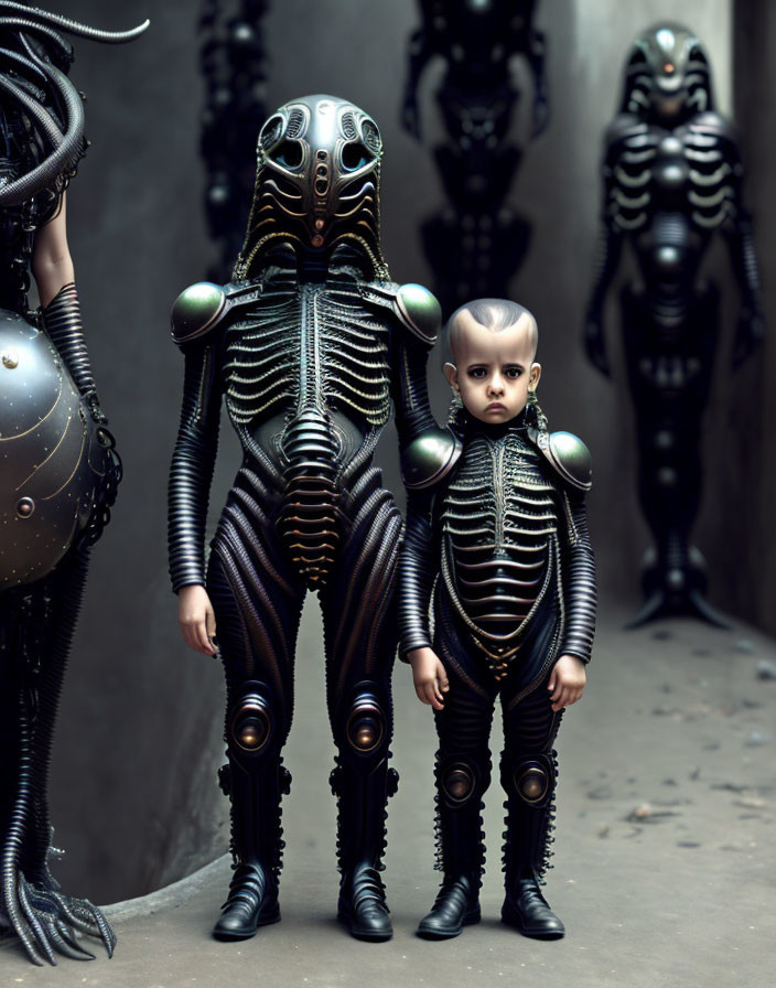 Two individuals in matching black futuristic costumes with metallic accents against a grey backdrop.