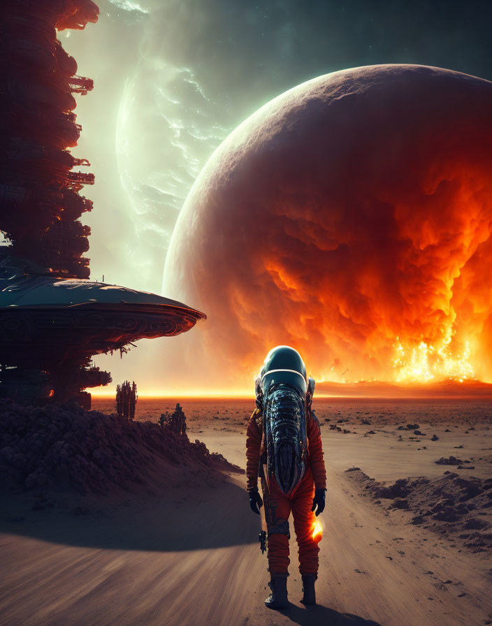 Astronaut on alien landscape with giant planet and moon, witnessing fiery explosion