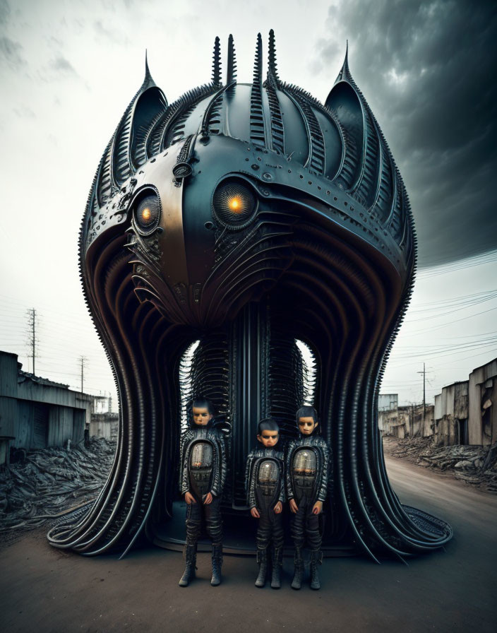 Futuristic armored figures near large mechanical feline under stormy sky