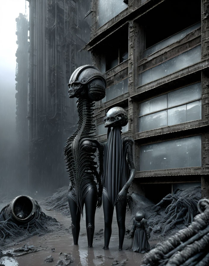 Biomechanical humanoid creatures in dystopian industrial setting