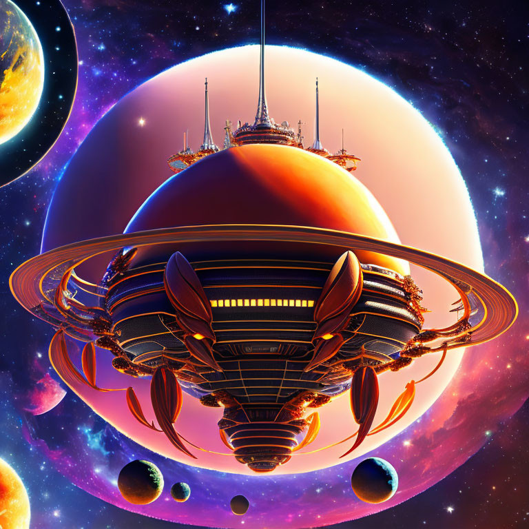 Colorful sci-fi scene: floating space station above giant gas planet