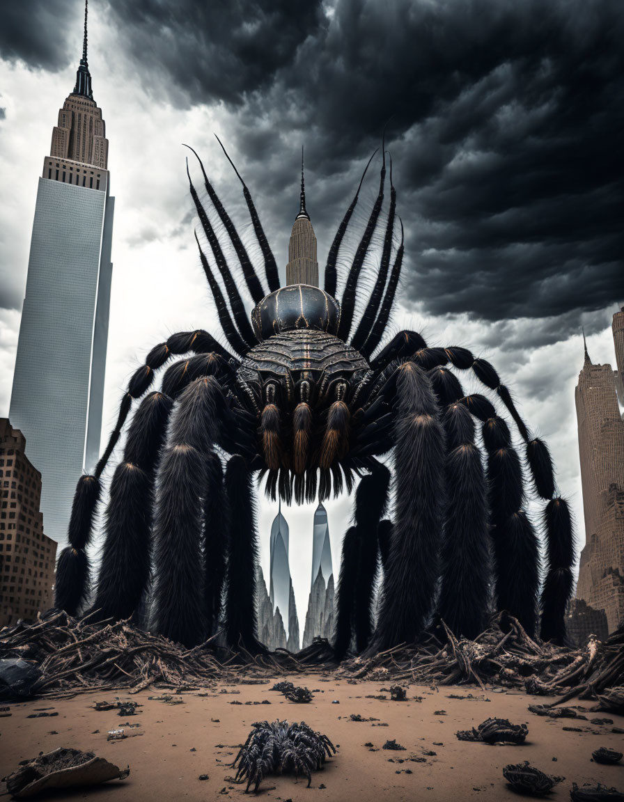 Giant spider sculpture dominates urban skyline in stormy weather