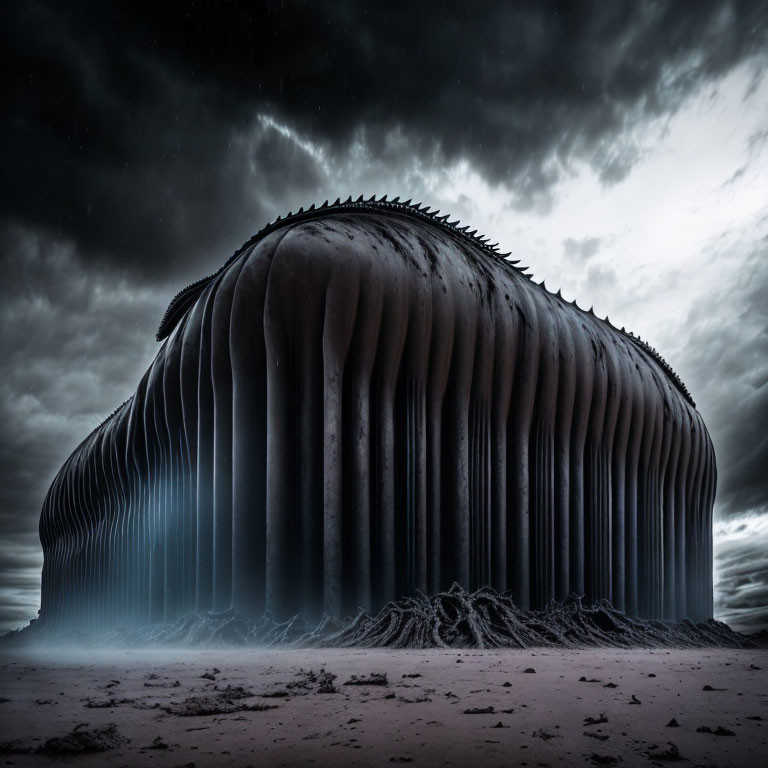 Futuristic dark building with rib-like structures under stormy sky