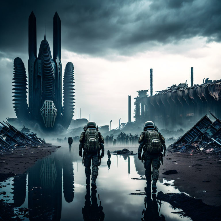 Futuristic dystopian cityscape with astronauts and industrial ruins