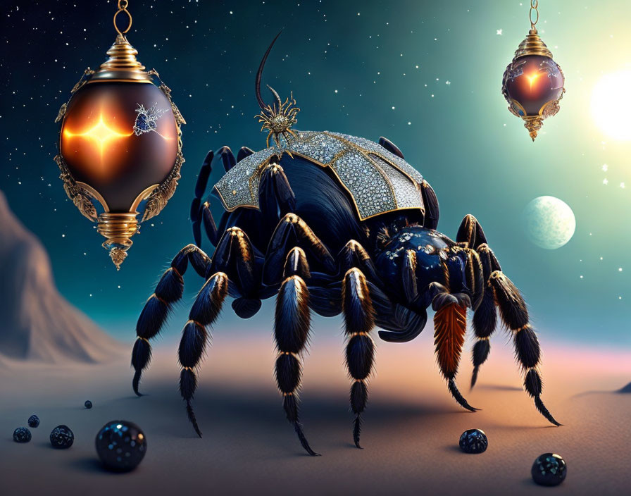 Surreal image: Decorated beetle under starry sky with lanterns