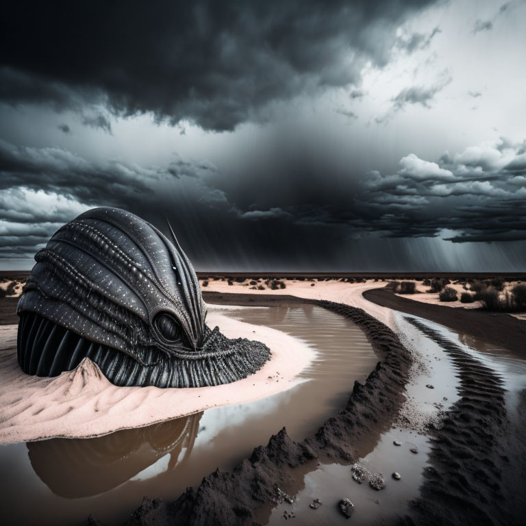 Giant shell in desolate landscape under stormy sky.