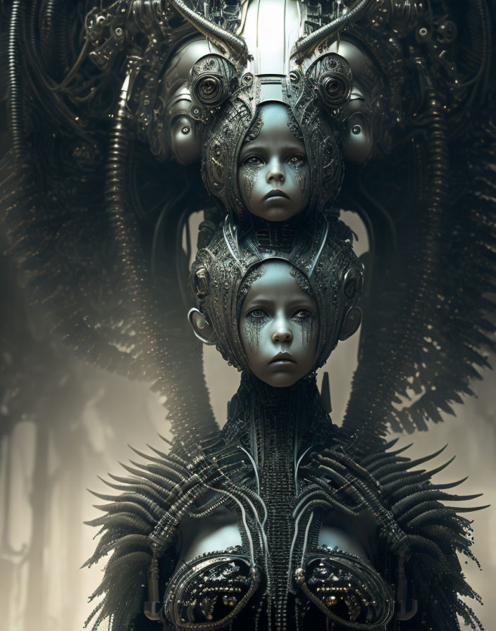 Futuristic monochromatic scene with humanoid figures in ornate mechanical headdresses