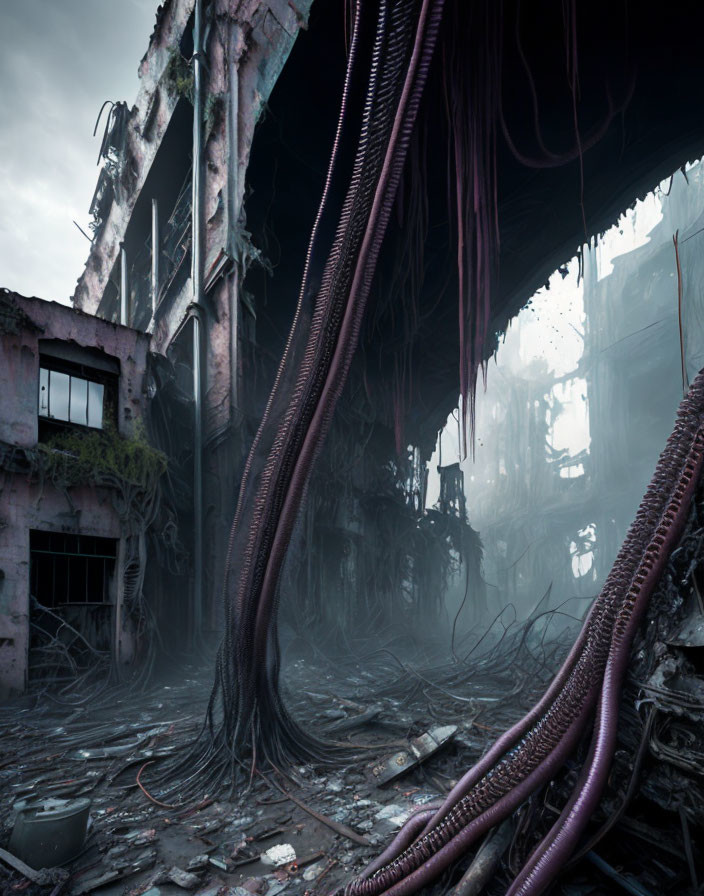 Abandoned building with overgrown vines and purple tendrils