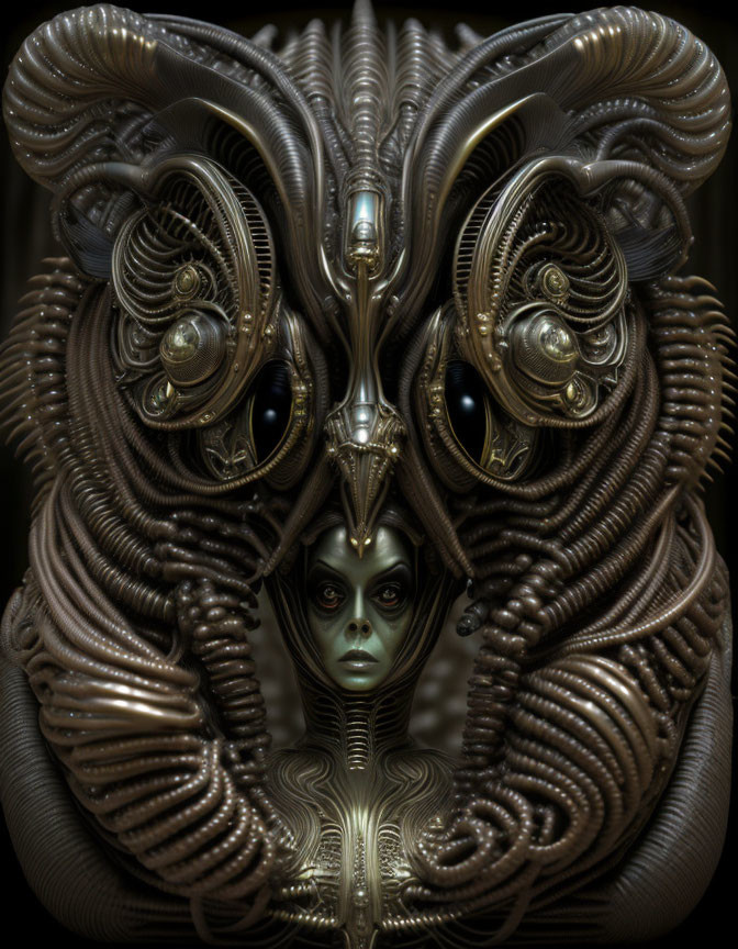 Symmetrical metallic artwork with humanoid face and swirling textures