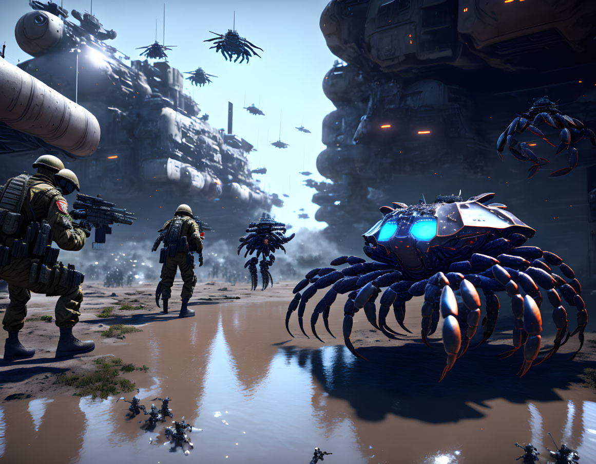 Futuristic soldiers battle mechanical spiders on alien planet