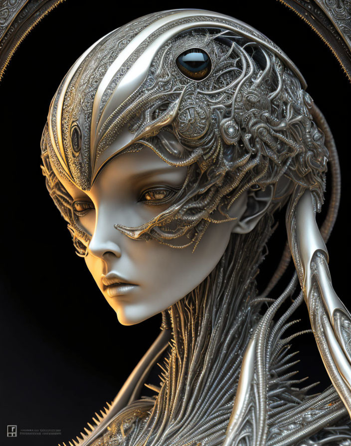 Detailed 3D rendering of humanoid figure with mechanical textures and futuristic headgear.