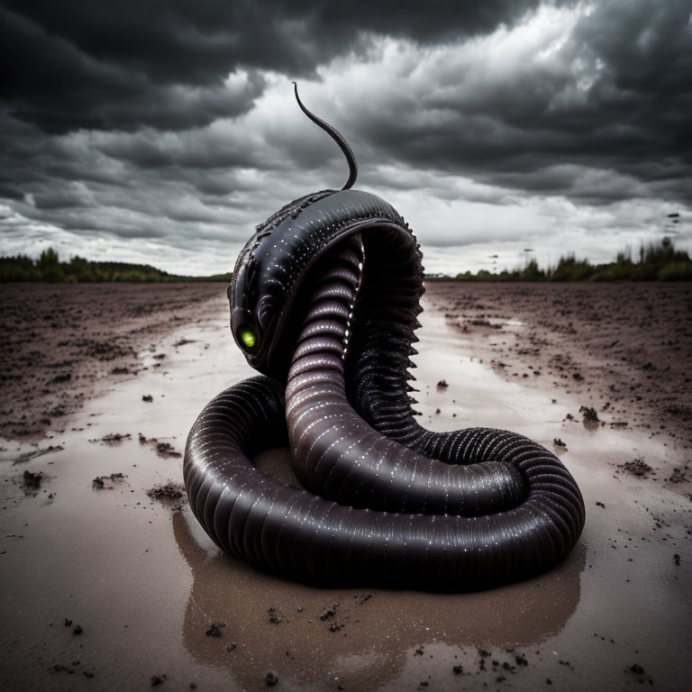 Large Black Snake with Glowing Green Eyes on Muddy Ground