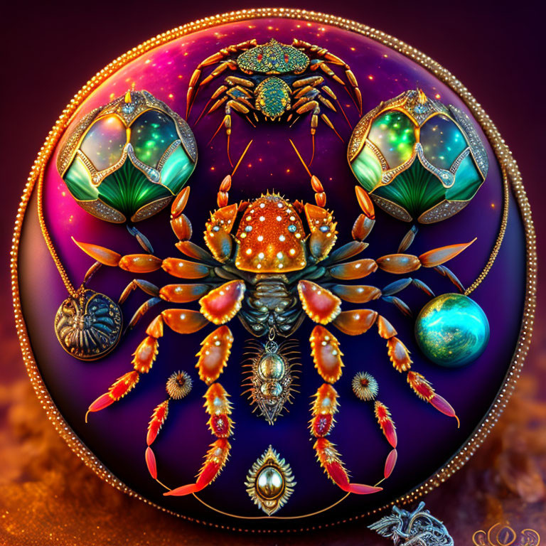 Colorful Digital Artwork of Ornate Crab on Cosmic Background