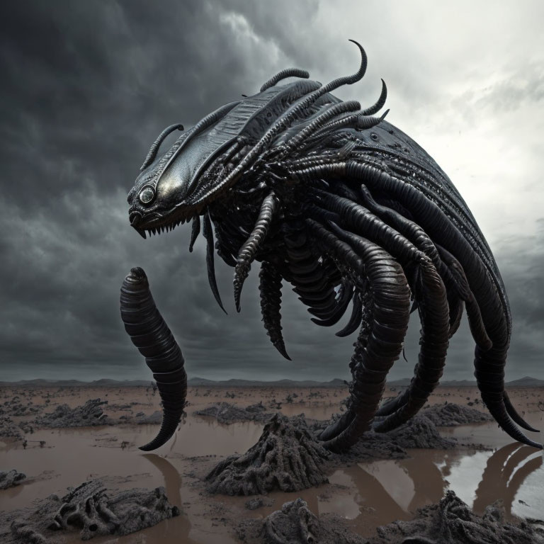 Menacing alien creature with tentacles in stormy landscape