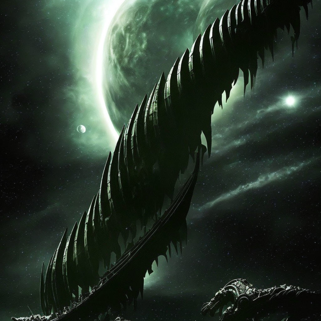 Gigantic dragon-like creature against night sky with moon and stars