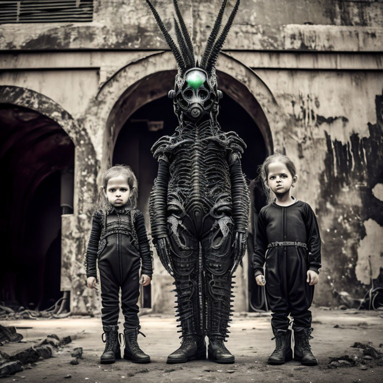 Elaborate Alien Costume with Children in Black Outfits