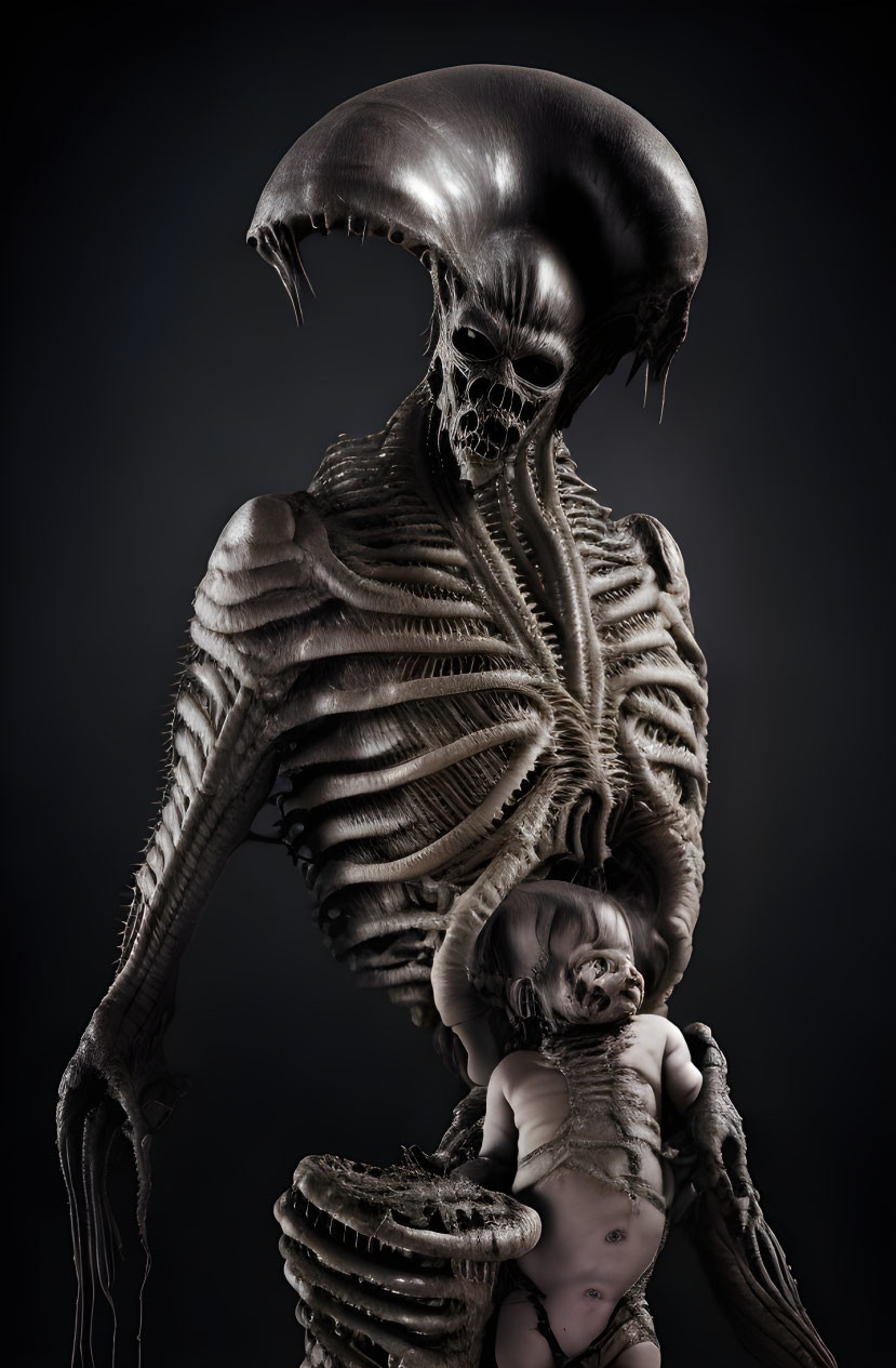 Detailed Artwork: Skeletal Creature with Domed Head and Rib-like Structures Cradling Another Being