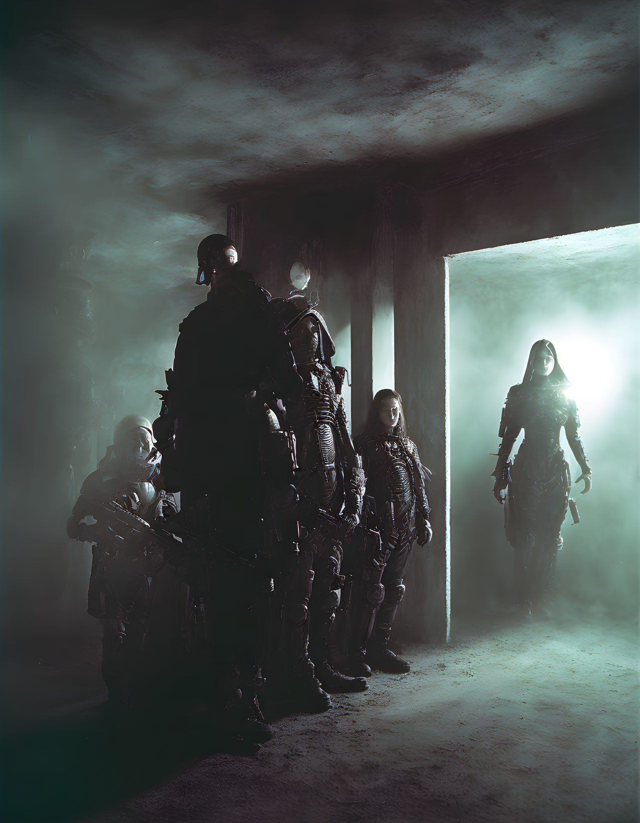 Futuristic soldiers in heavy armor in dimly lit room