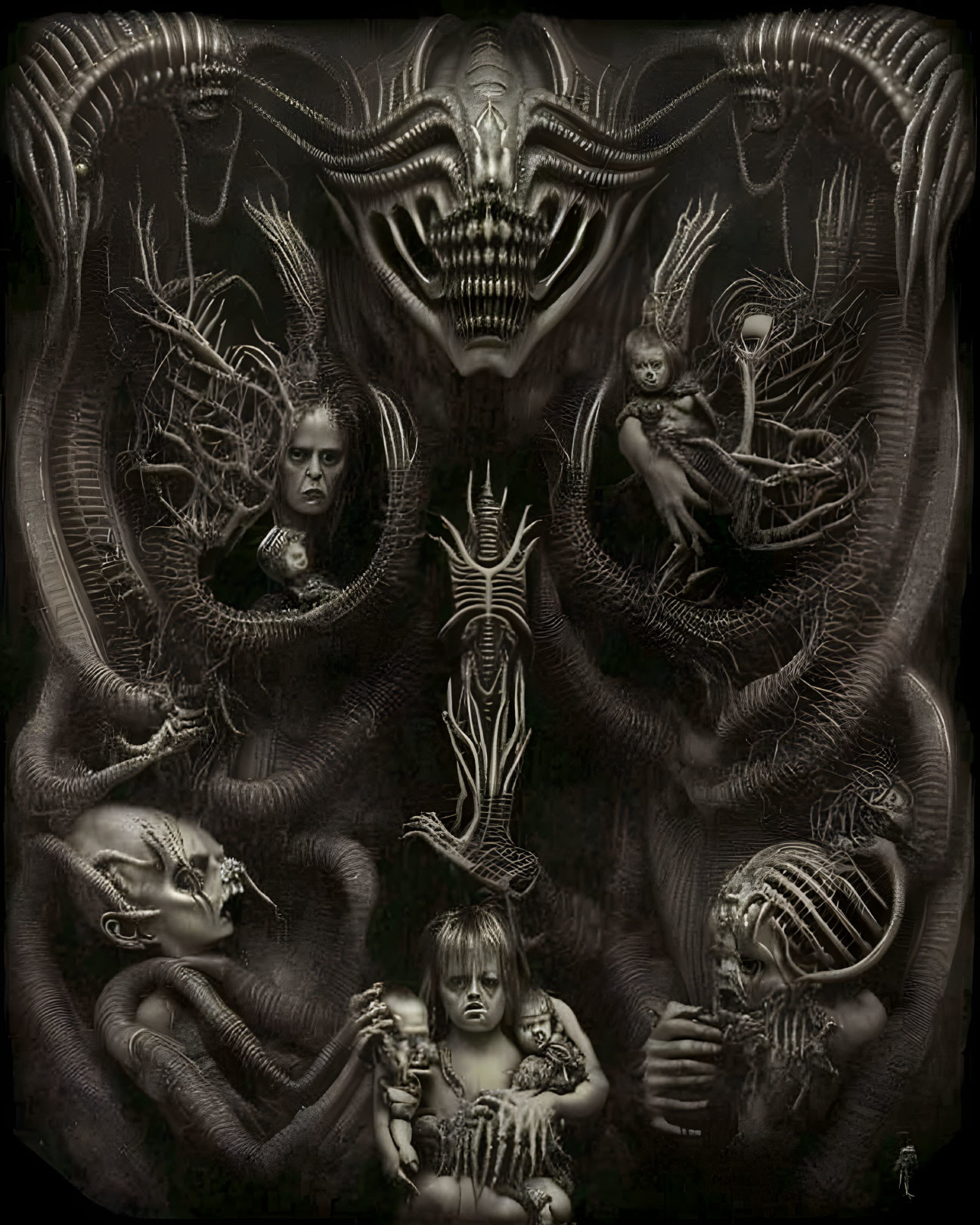 Dark surreal artwork with alien-like central figure and unsettling human forms in symmetrical pattern