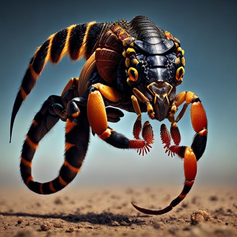 Detailed digital artwork: Robotic bee creature with mechanical claws on sandy surface