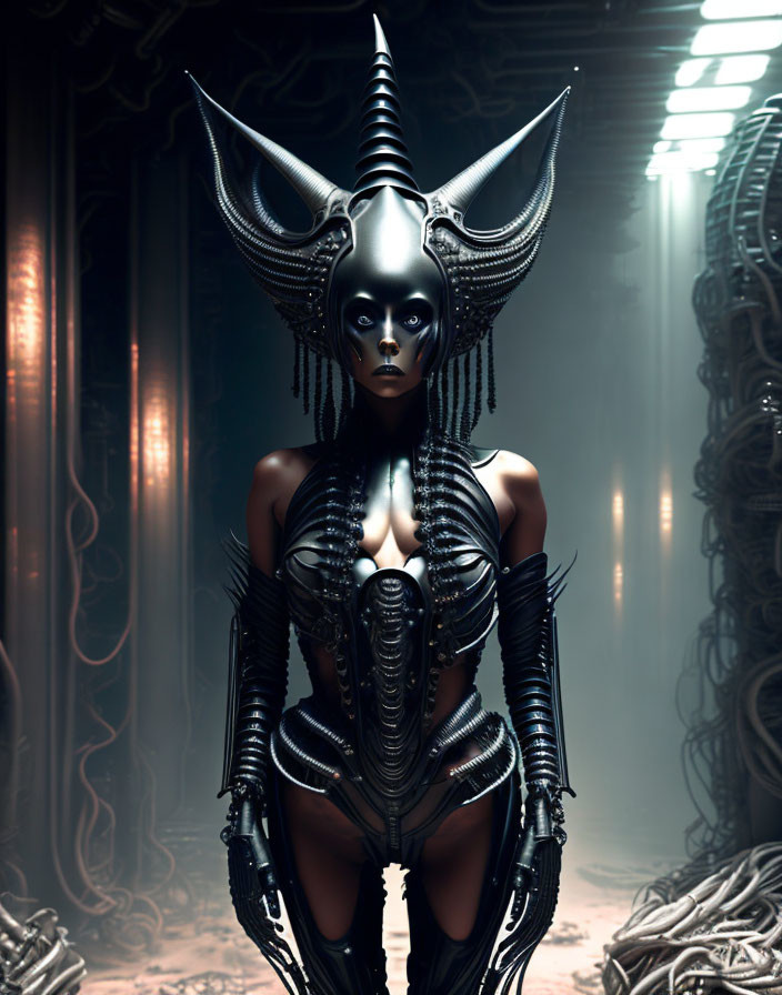 Futuristic female figure in horned helmet and biomechanical armor against industrial backdrop