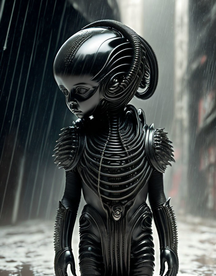 Futuristic humanoid robot in glossy black exoskeleton walking in rain