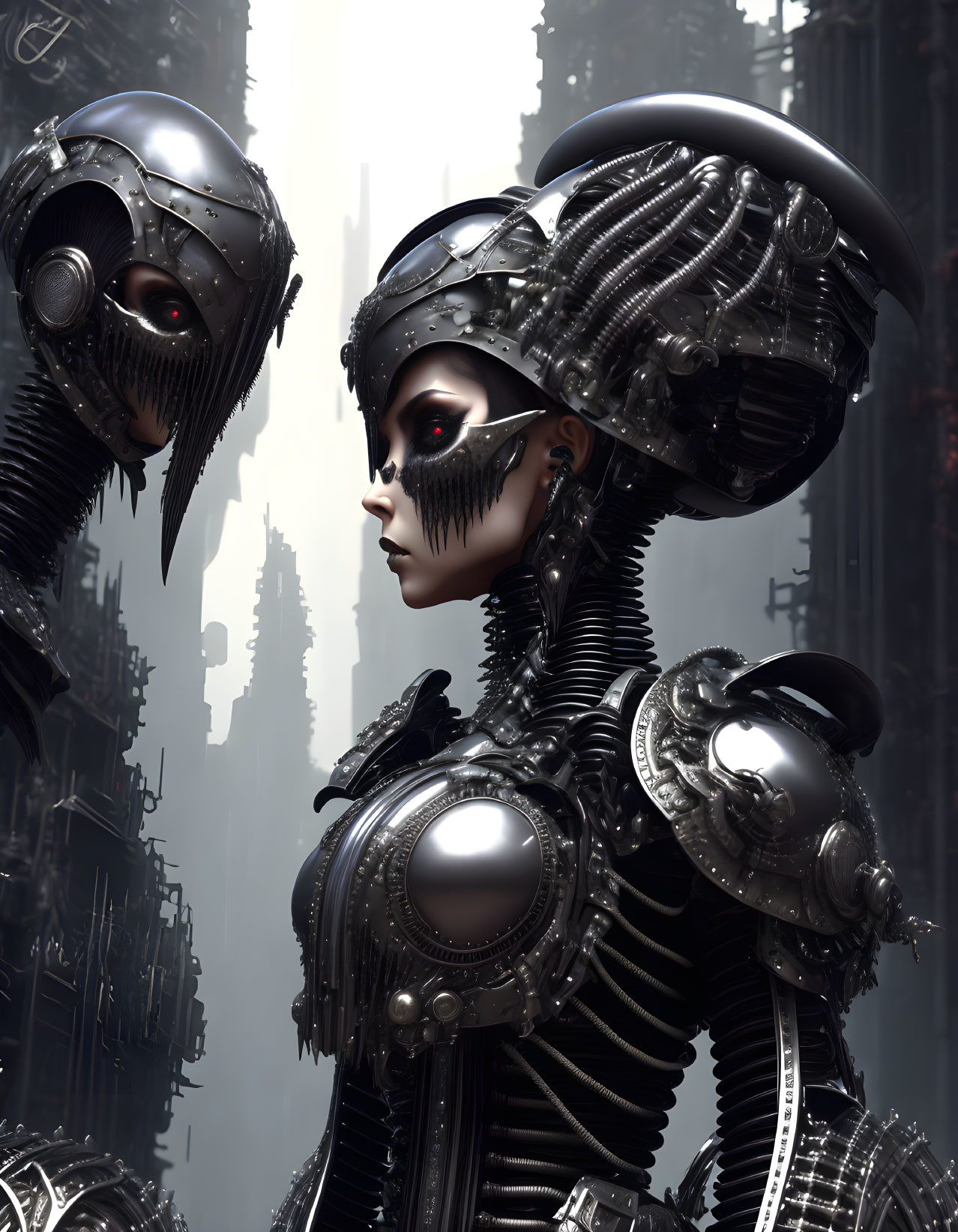 Detailed futuristic robotic figures in profile view against industrial backdrop.