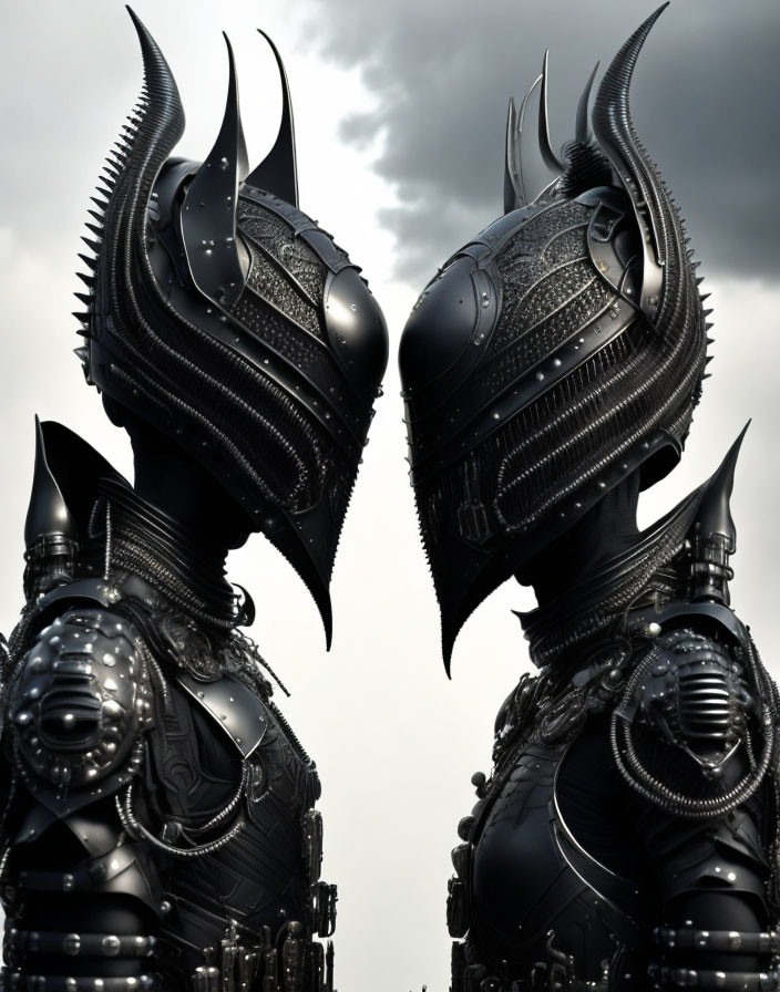 Ornate dark fantasy armor figures under cloudy sky