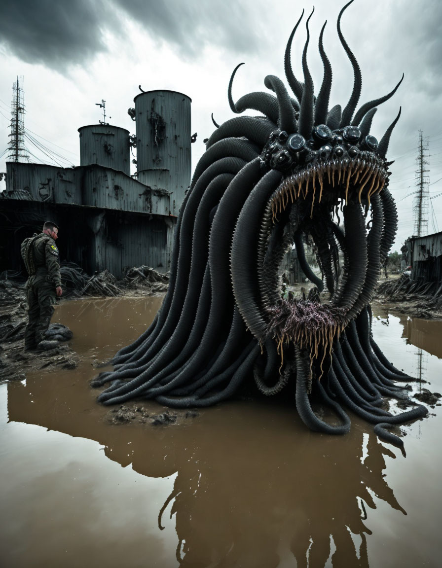 Military soldier encounters octopus-like creature in flooded industrial ruins