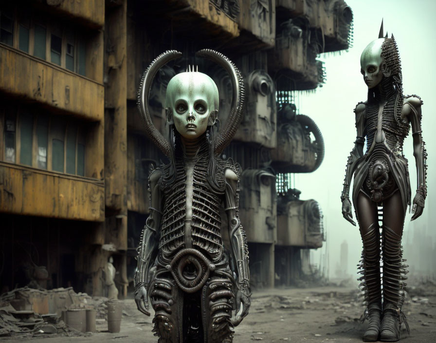 Alien humanoid figures in intricate body armor in dystopian cityscape