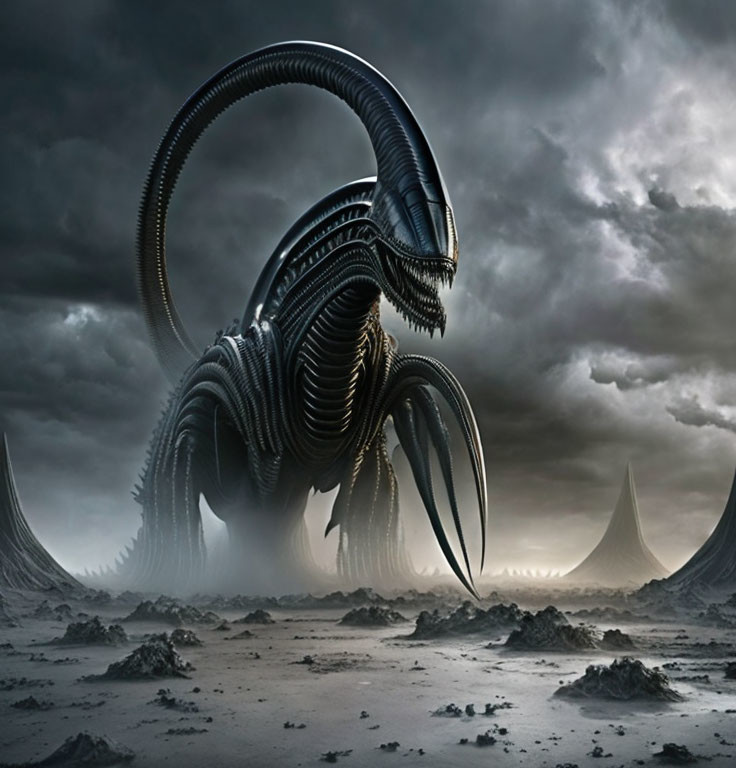 Menacing alien creature with exoskeleton in stormy landscape