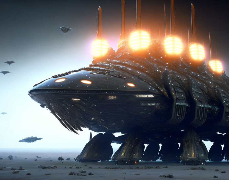 Giant futuristic spaceship with glowing engines on desolate landscape