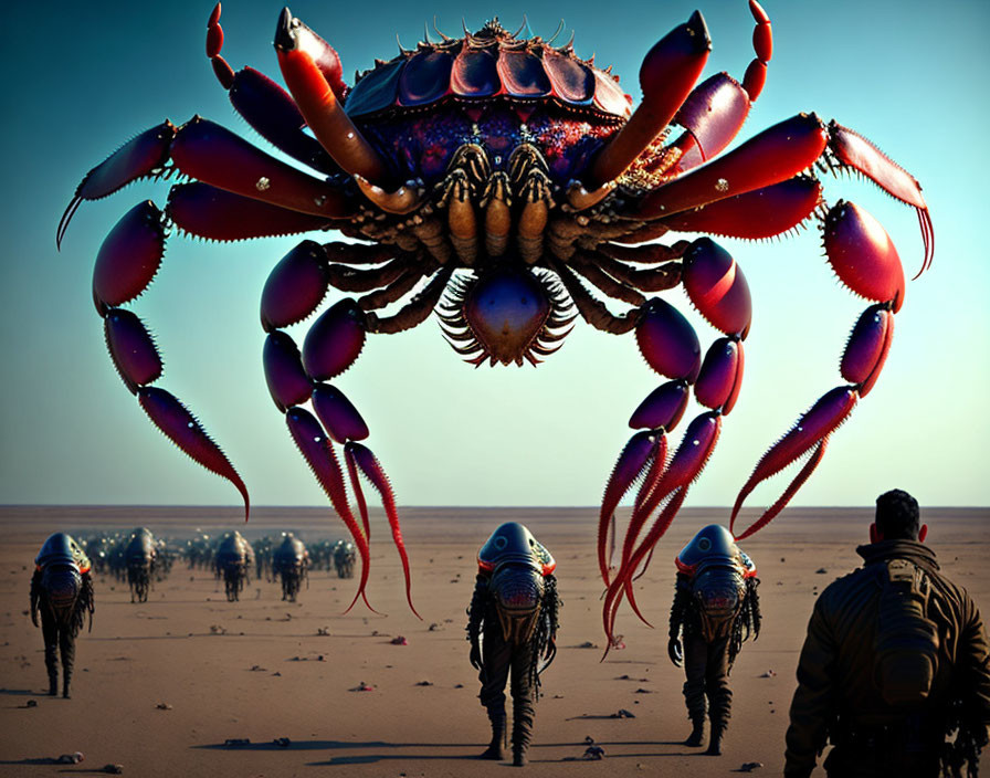 Giant crab confronts person in desert with approaching creatures