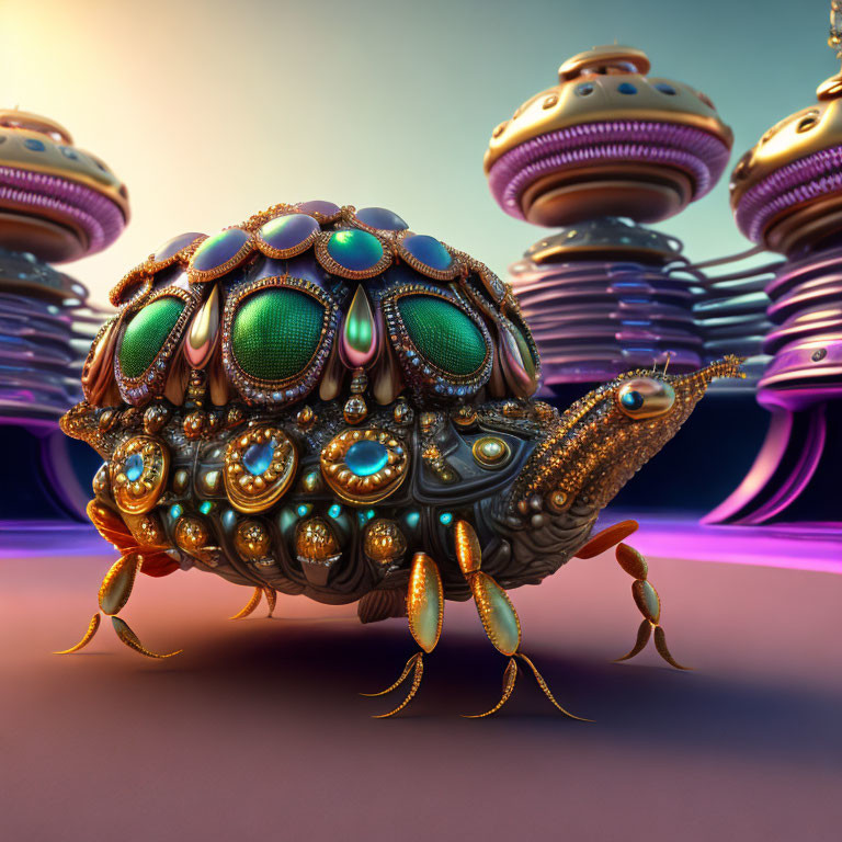 Fantastical creature with jeweled shell in front of alien towers