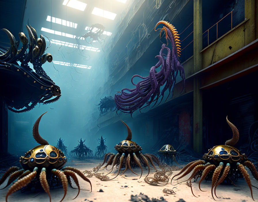 Mechanical Octopuses in Skull-like Structures in Eerie Underwater Industrial Scene