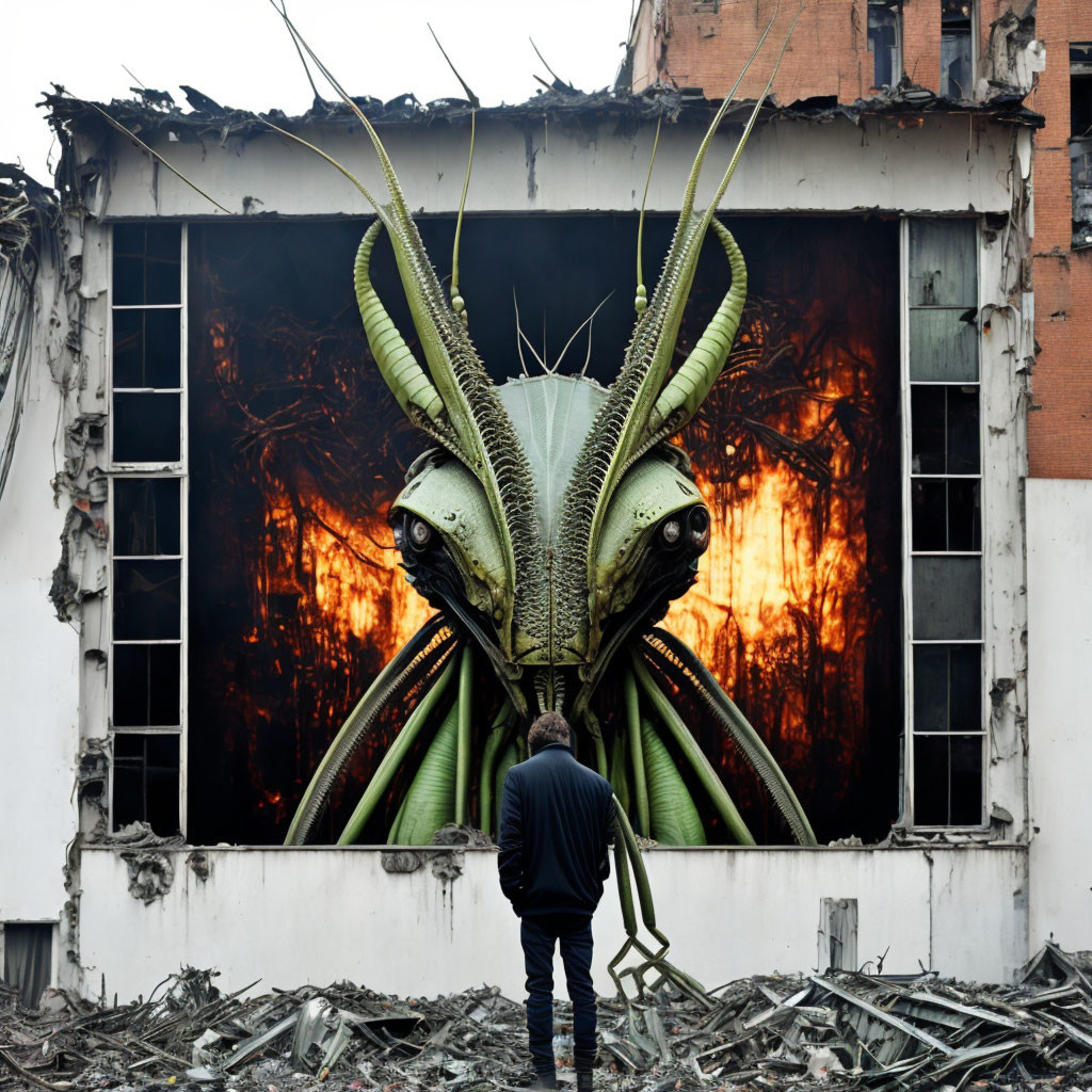 Person faces insect-like creature in burning building