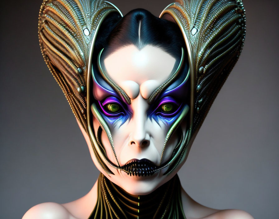 Avant-garde makeup and futuristic metallic headpiece with organic shapes