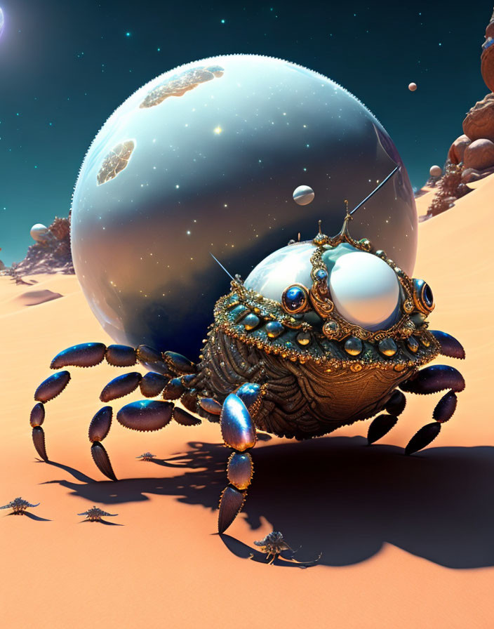 Illustration of surreal mechanical crab with ornate shells in desert with planets.