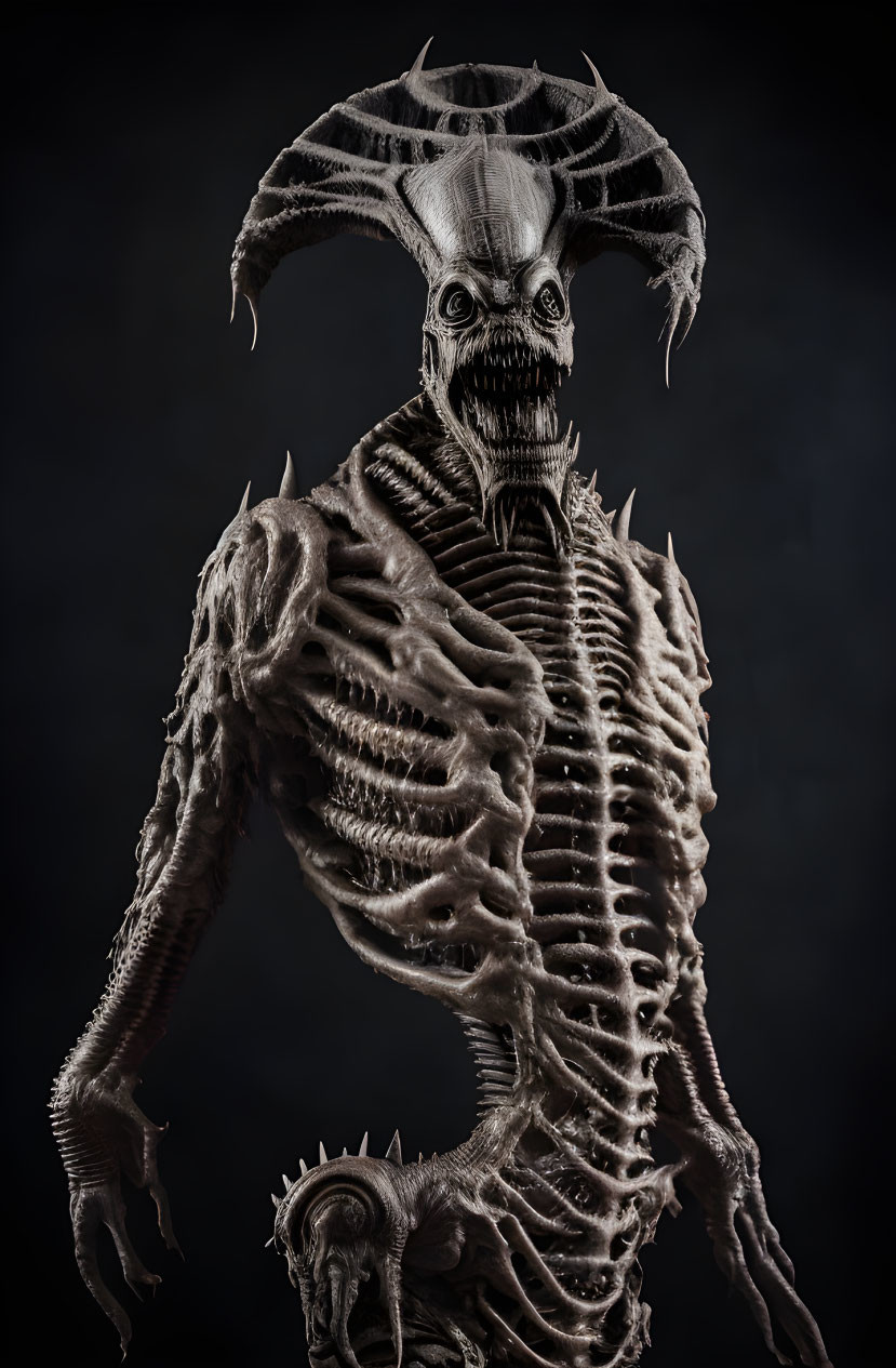 Skeletal creature with skull-like face and ribs on dark backdrop