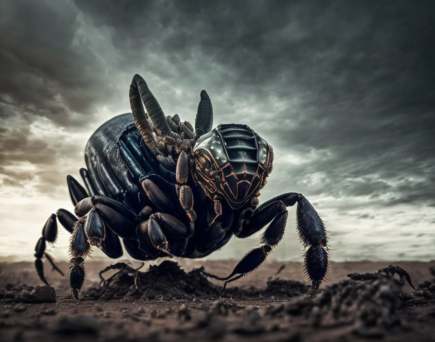 Large beetle close-up on arid soil under dramatic sky