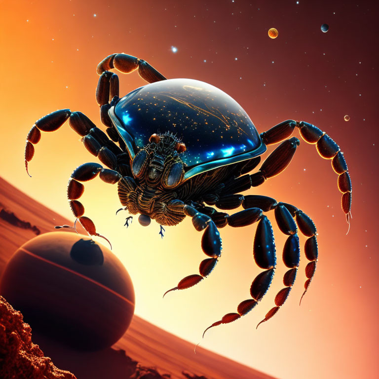 Surreal cosmic crab with star-filled shell in desert landscape