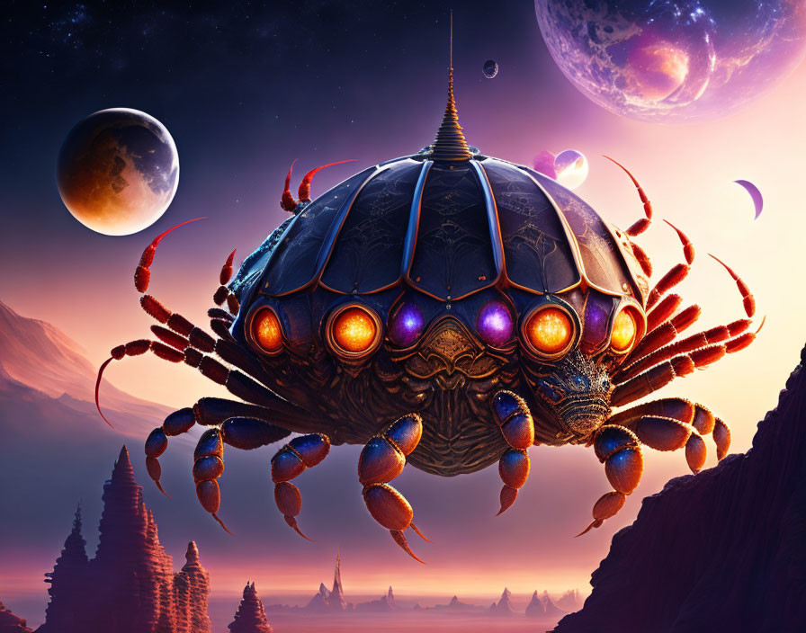 Giant metallic beetle with glowing orbs in alien planet setting