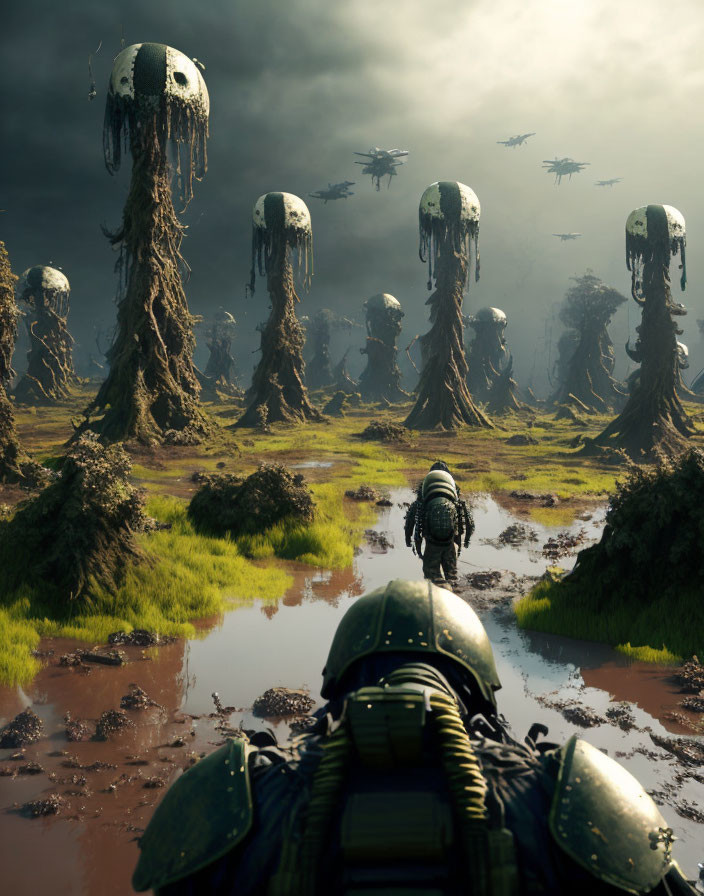 Futuristic landscape with towering tree-like structures and flying craft in murky swamp.