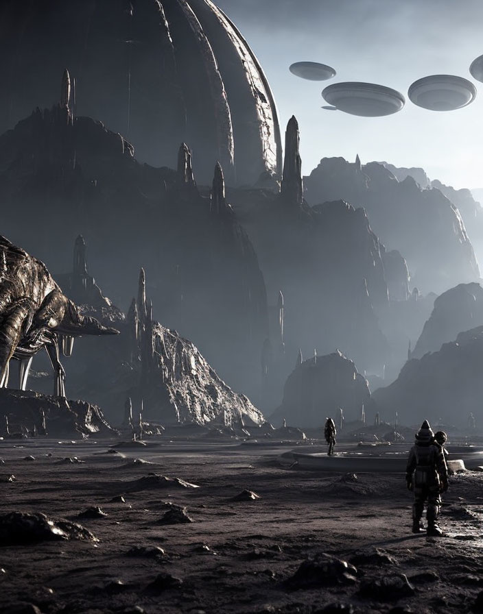 Barren alien landscape with astronauts, rock formations, dome, and saucers