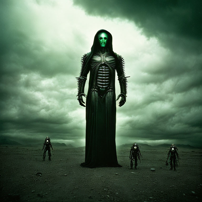 Sinister figure in black robes with green skull, amidst desolate landscape and armored beings