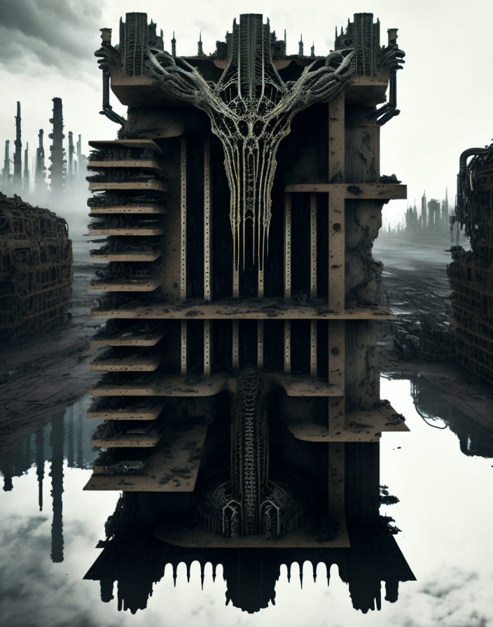 Dystopian landscape with gothic-style architecture reflected in water