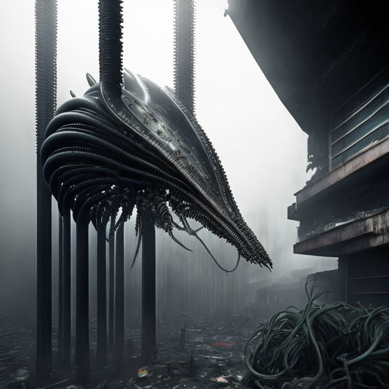 Biomechanical alien creature with tentacles in dark, foggy industrial setting