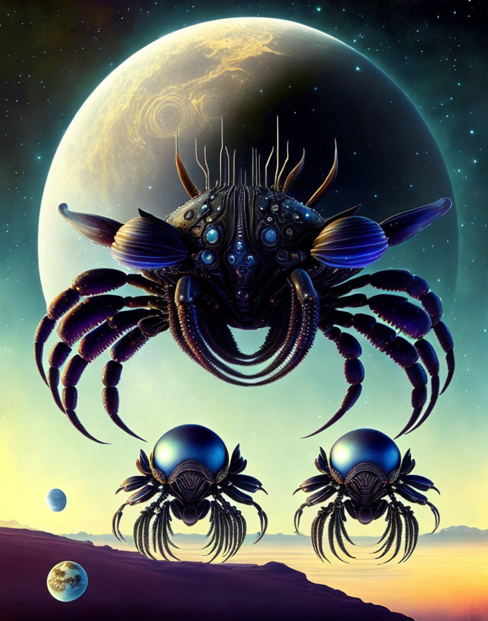 Surreal illustration: Mechanical crabs on alien landscape