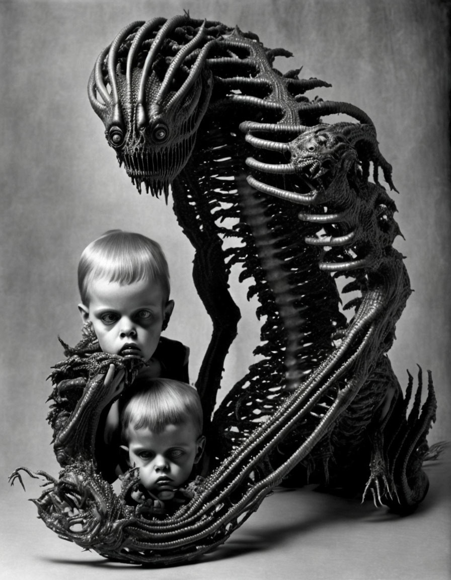 Monochrome photo of two children embraced by dark serpentine creatures